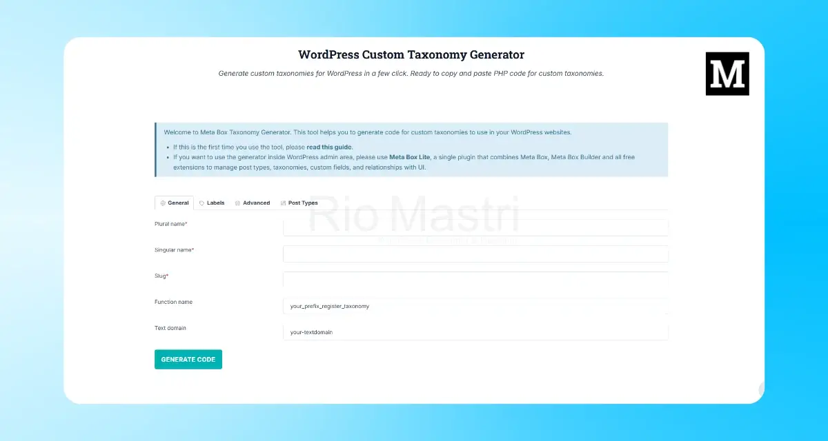 WordPress Custom Taxonomy Generator Online