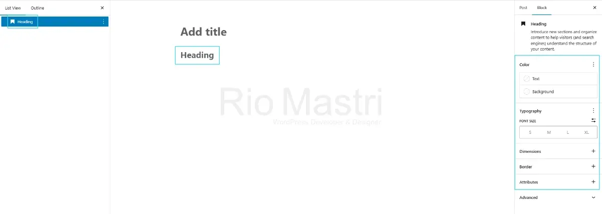 Tampilan Blok Teks di WordPress Block Editor dengan jenis Heading